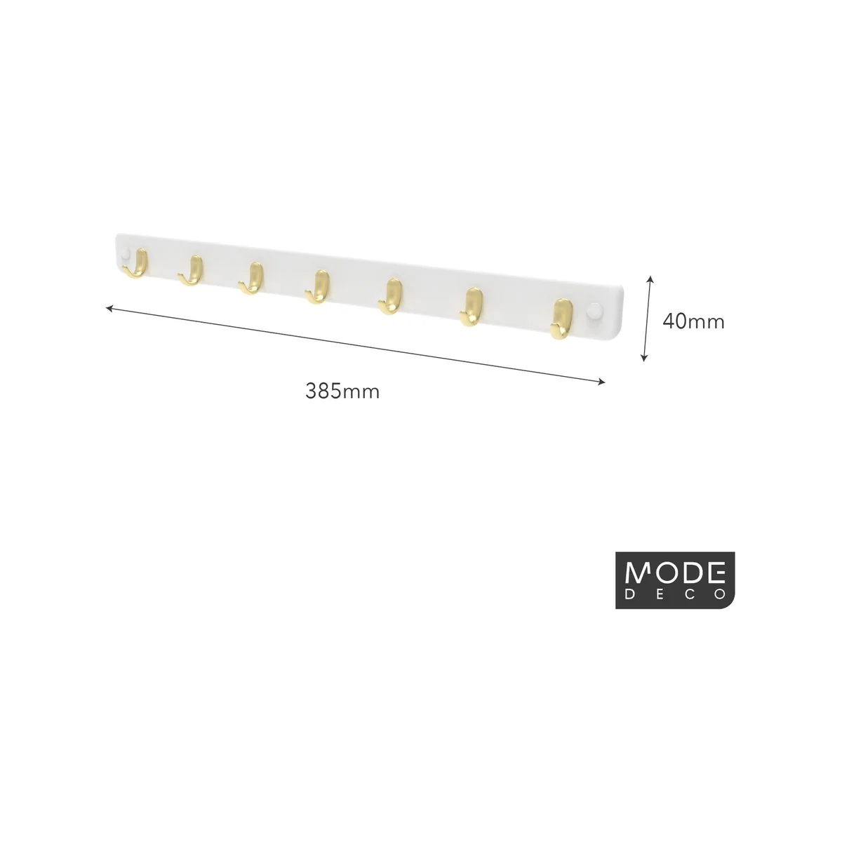 Mode 7 Key Rack - 7 Hooks - 385mm x 40mm x 32mm - Brushed Brass on White - Image 3