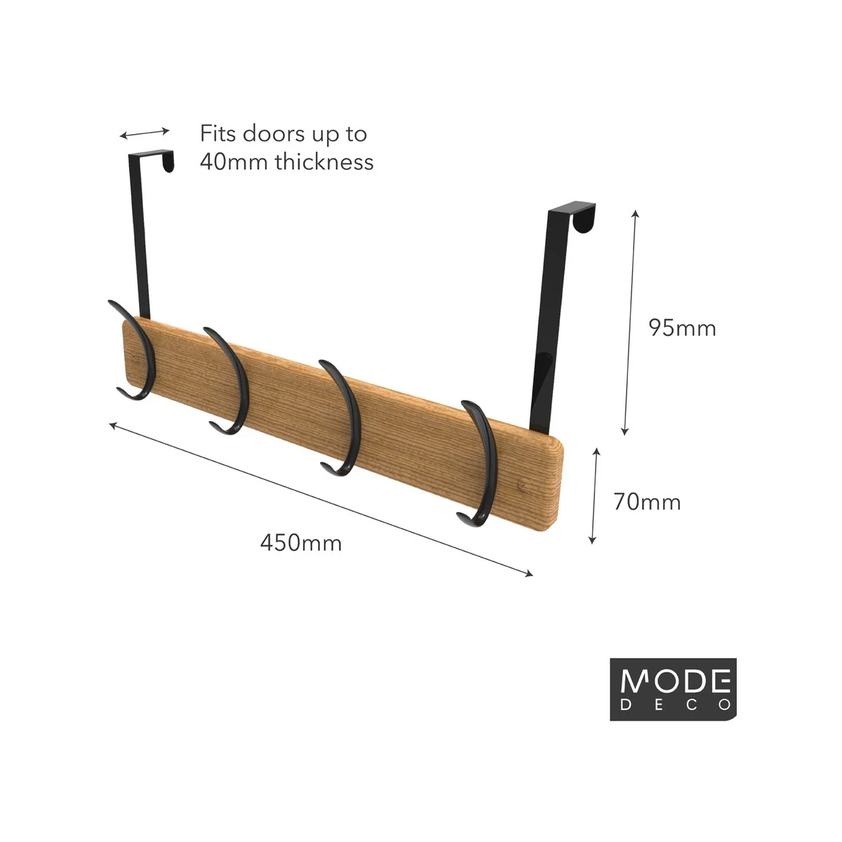 Mode 4 Bamboo Over Door Hanger - 5 Black Hooks - 450mm x 70mm x 45mm - Image 3