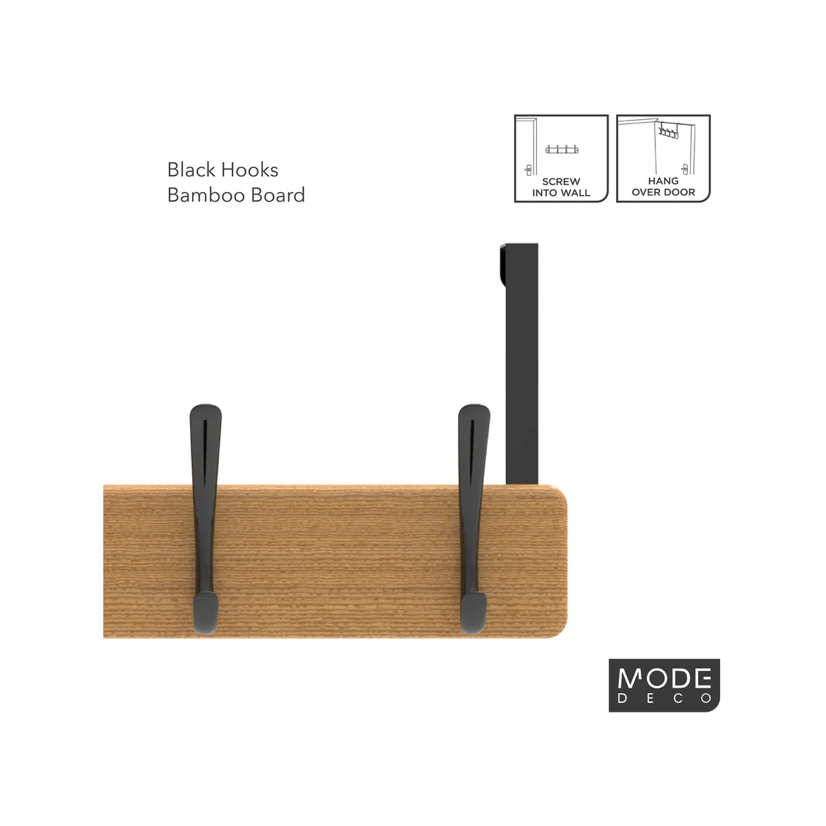 Mode 4 Bamboo Over Door Hanger - 5 Black Hooks - 450mm x 70mm x 45mm - Image 4