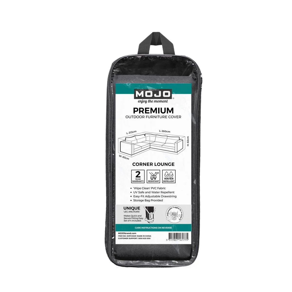Mojo Premium Corner Lounge Outdoor Furniture Cover - 2600mm x 820mm x 830mm - UV Resistant - Water Repellent