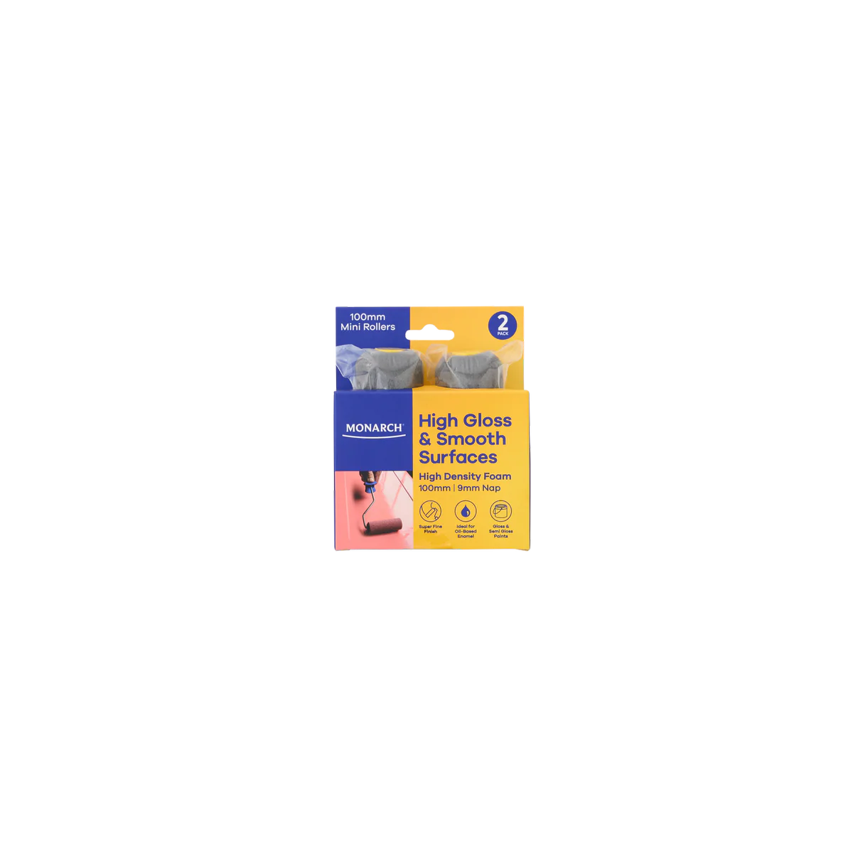 Monarch 100 Mini Rollers 2 Pack - 9mm Nap - High Gloss Finish - Yellow
