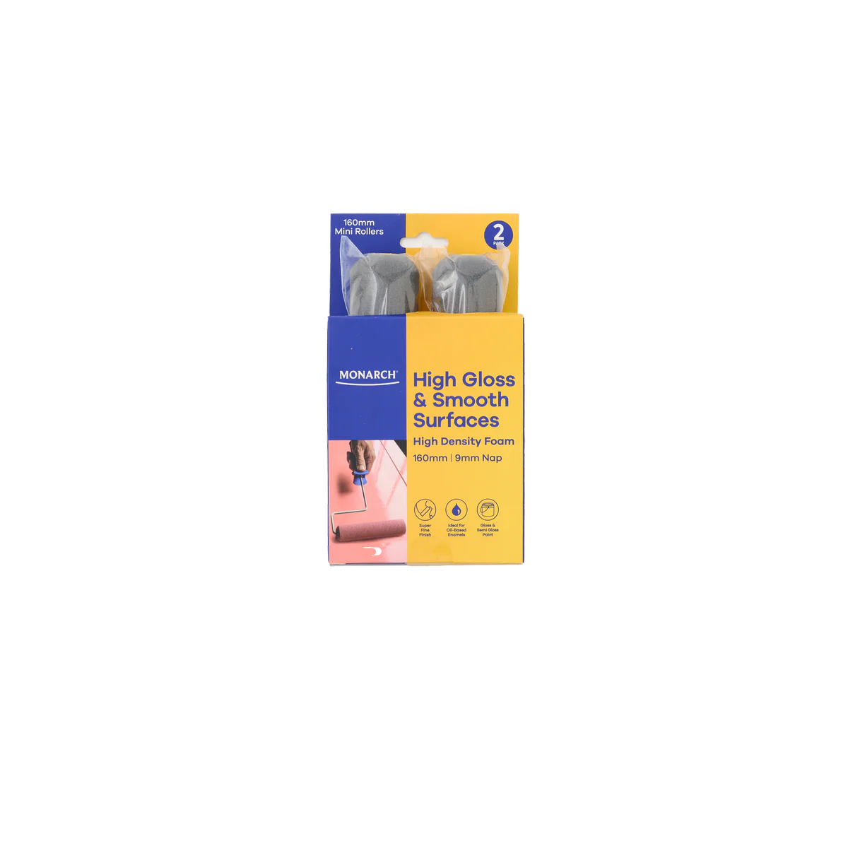 Monarch 160 Mini Rollers 2 Pack - 9mm Nap - High Gloss Finish - Yellow