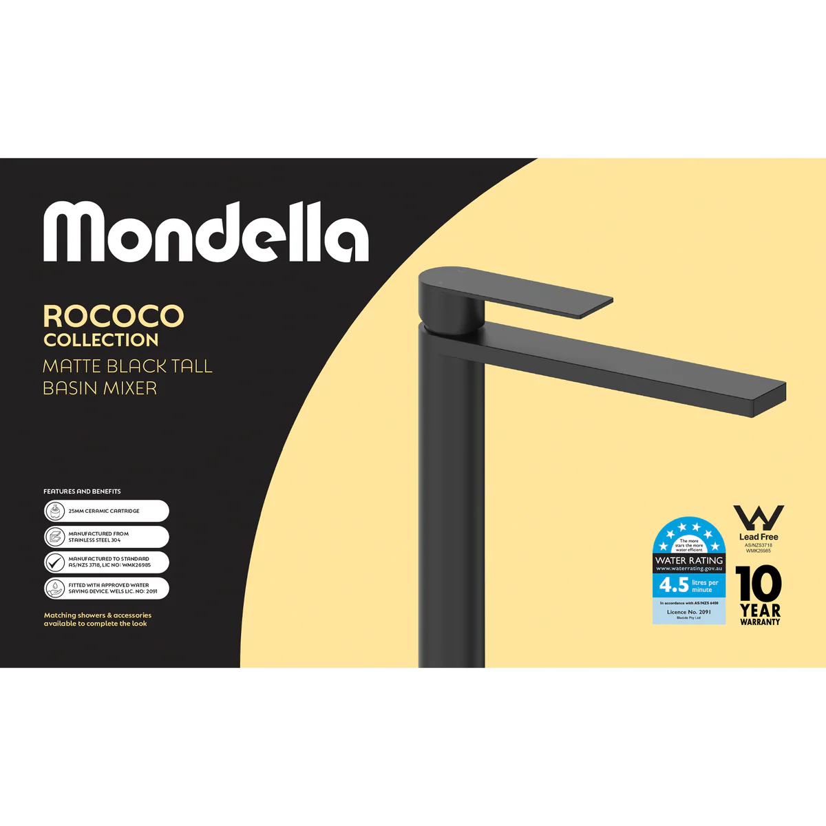Mondella Black Matte Rococo Tall Basin Mixer - 273mm - Water-Saving - Image 4