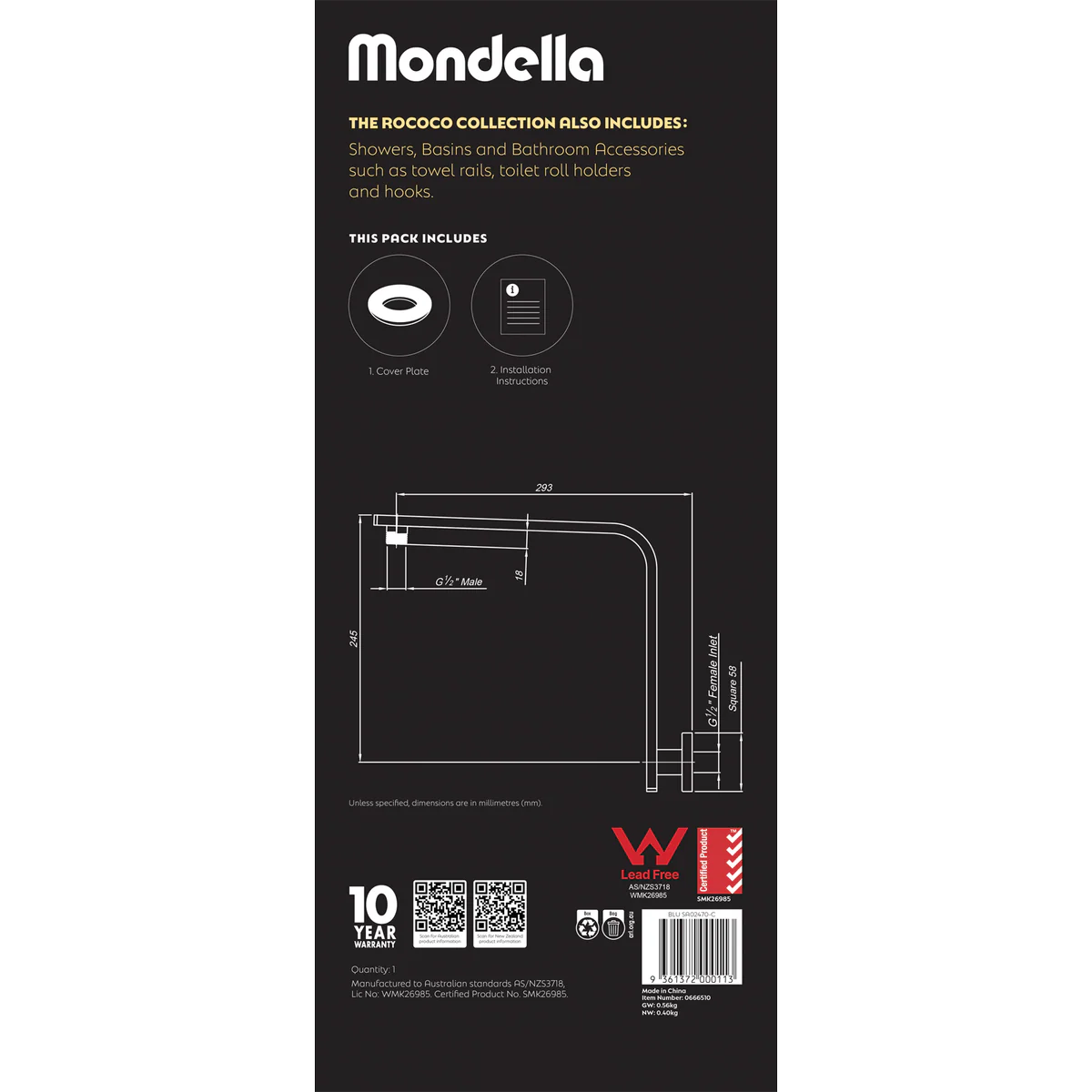 Mondella Chrome Rococo Curved Shower Arm - 158mm x 245mm x 300mm - Lead-Free - Image 5