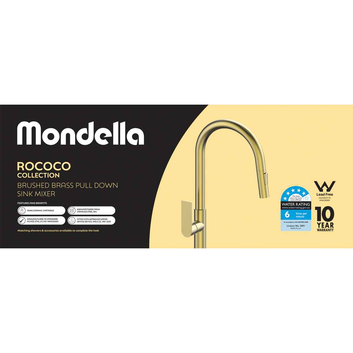 Mondella Rococo Pull Down Sink Mixer - 145mm x 435mm - Brushed Brass - Lead-Free - Image 4
