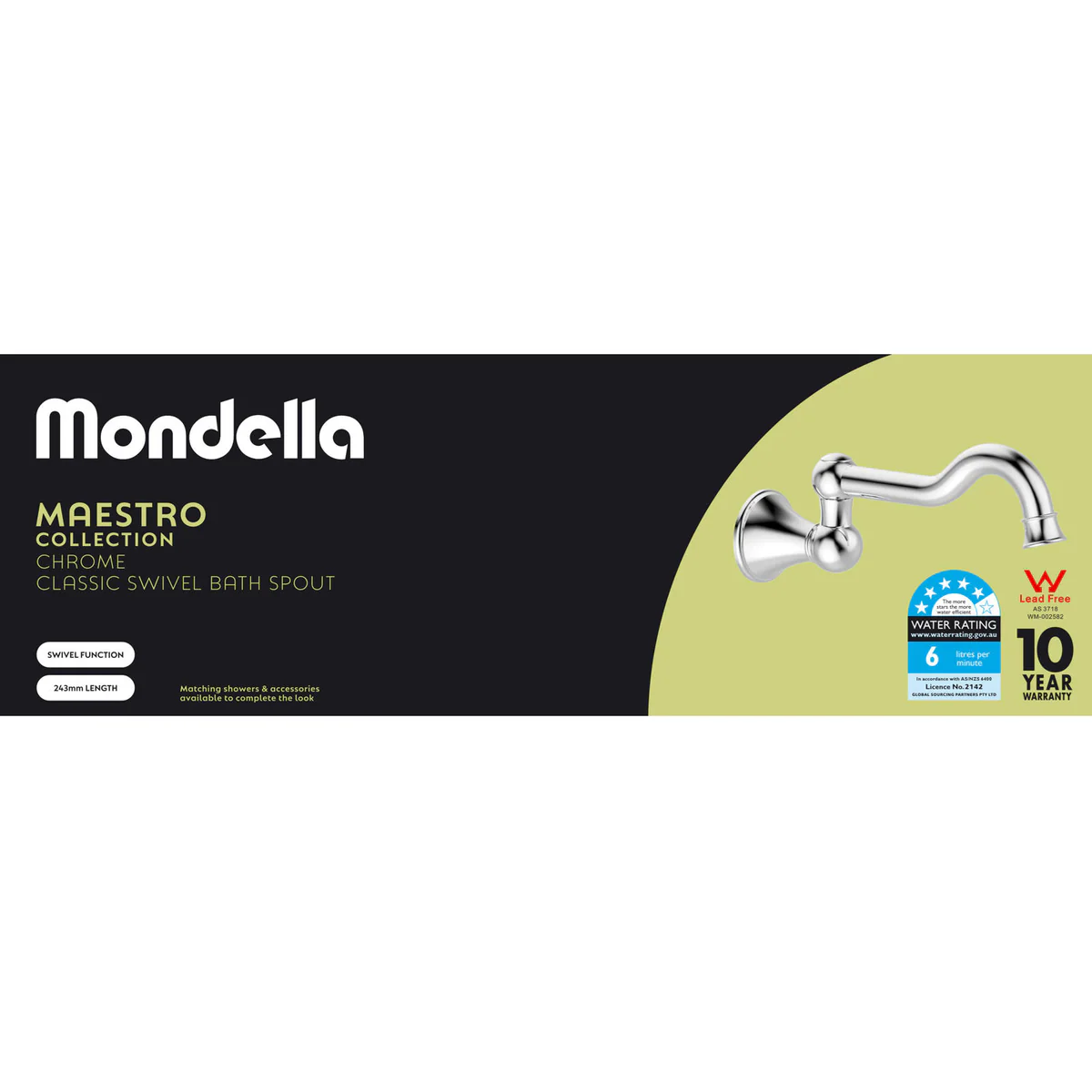 Mondella Wels Swivel Bath Spout 243mm - Chrome - 6L/min - Lead-Free Brass - Image 2