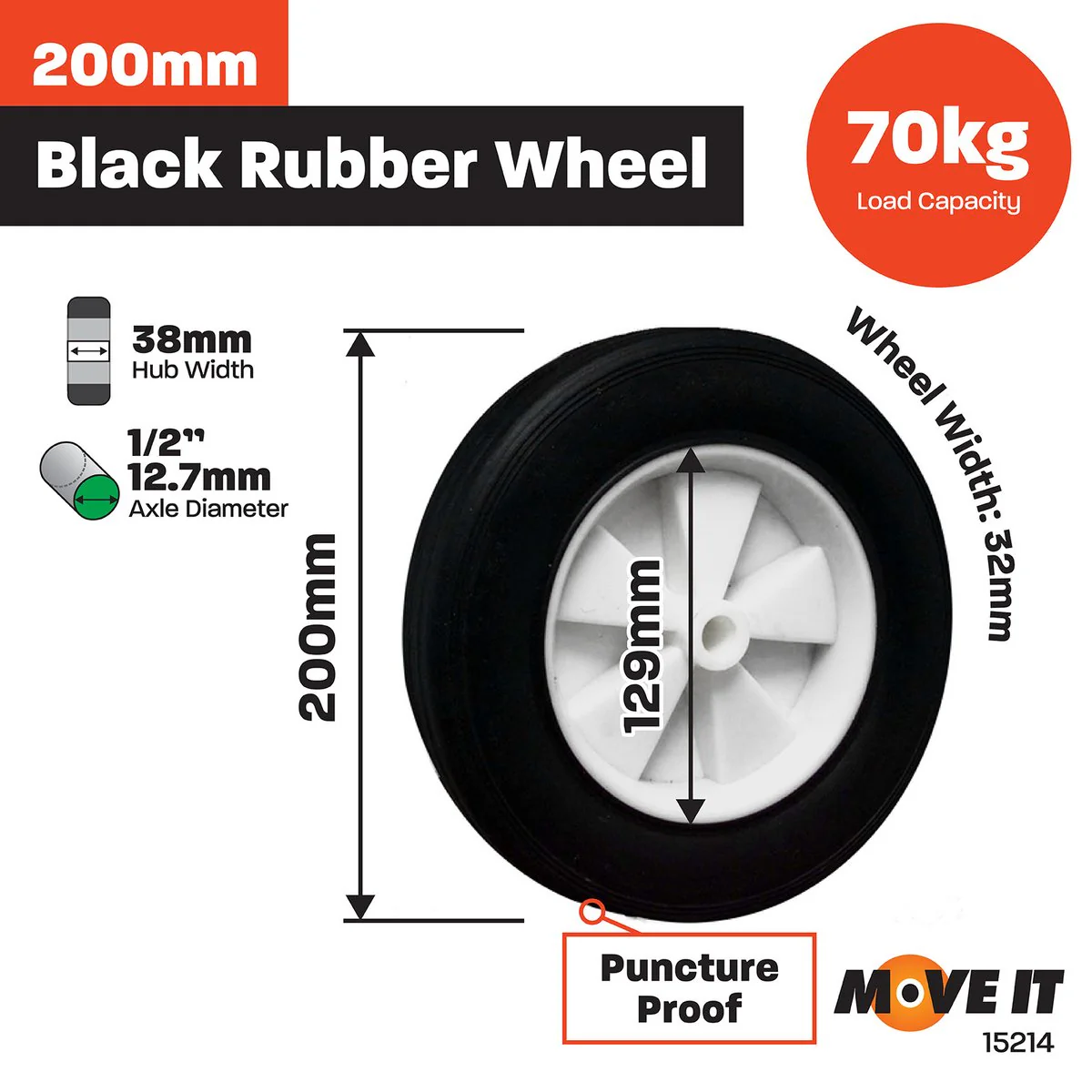 Move It 200mm Black Rubber Tyre with White Plastic Centre - 30kg Load Capacity - Image 2