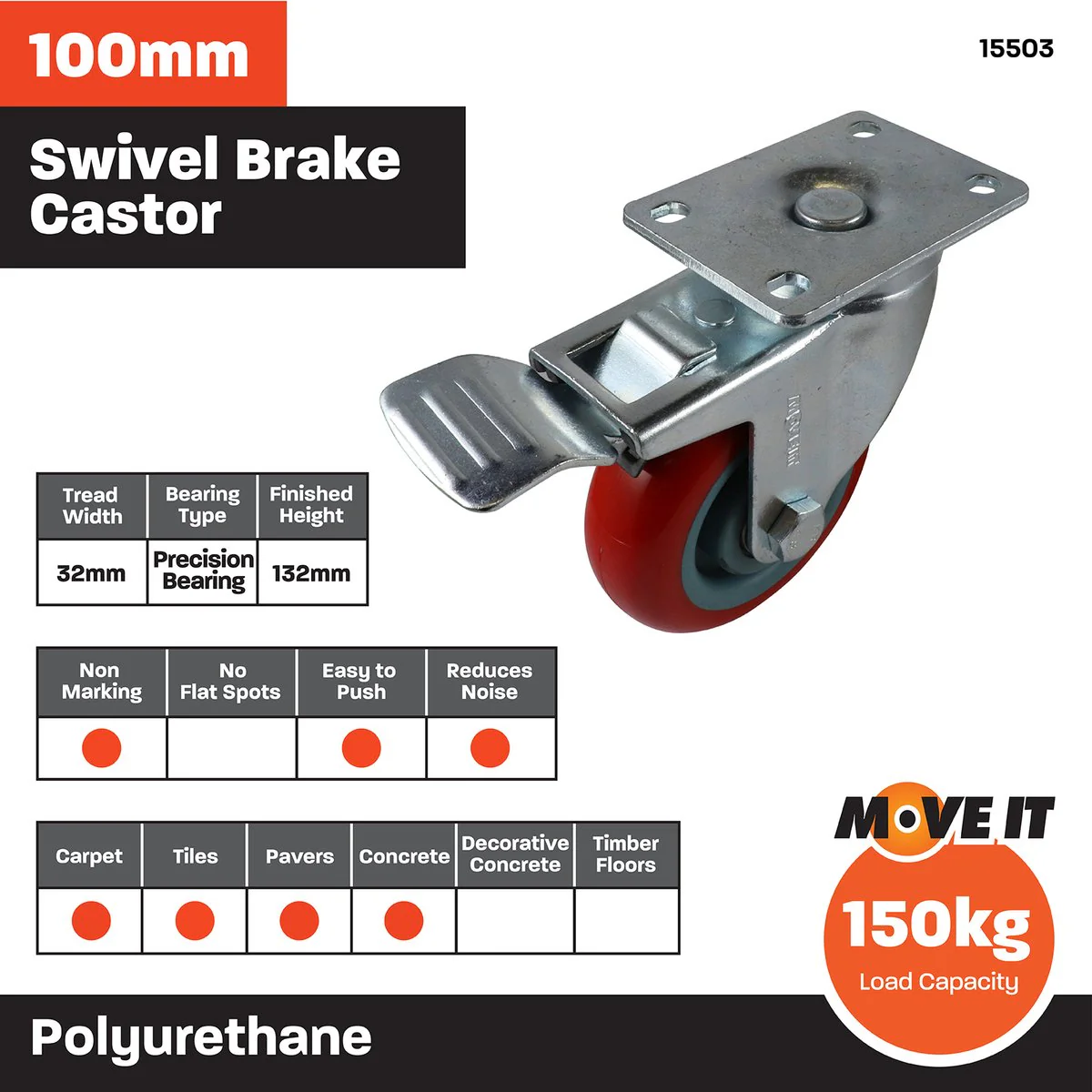 Move It Castor - 100mm - Polyurethane - Swivel Brake - Image 3