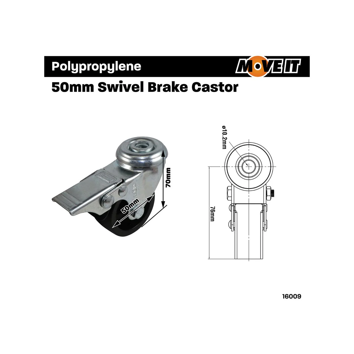 Move It Hole Swivel Castor - 50mm - Steel - Brake - Image 2