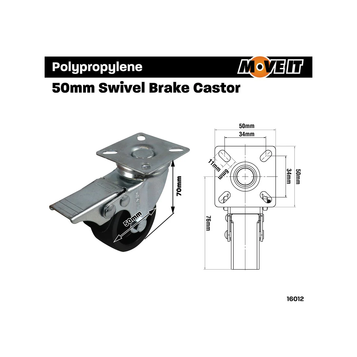 Move It Swivel Brake Castor - 50mm - Steel - For Carpet - Image 2