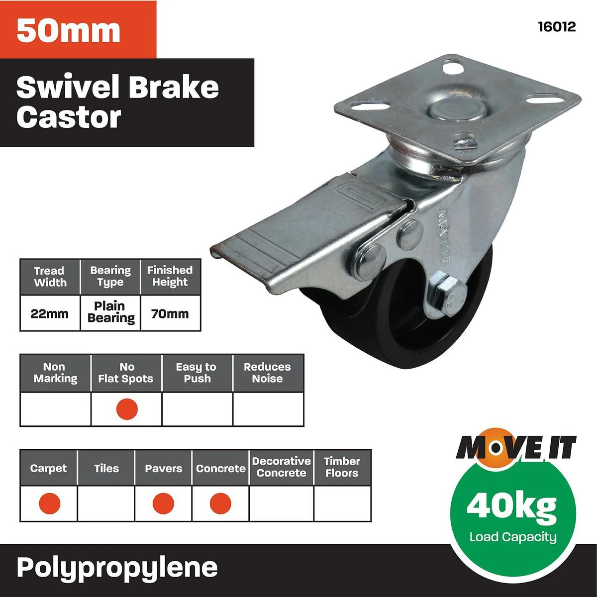 Move It Swivel Brake Castor - 50mm - Steel - For Carpet - Image 3