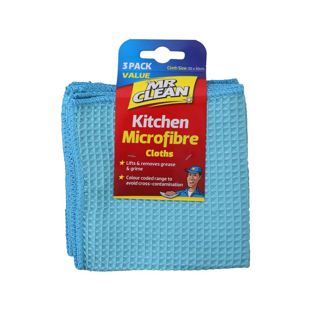 Mr Clean Kitchen Microfibre Cloth 3 Pack - 30 x 30 cm - Waffle Weave - Durable