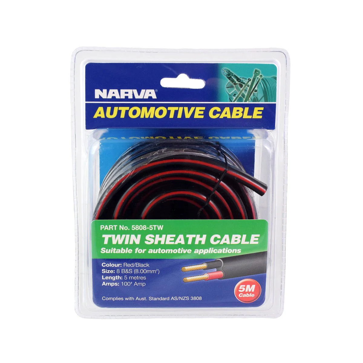 Narva 100A 8B S Twin Sheath Cable 5m - Red Black - Durable Flexible