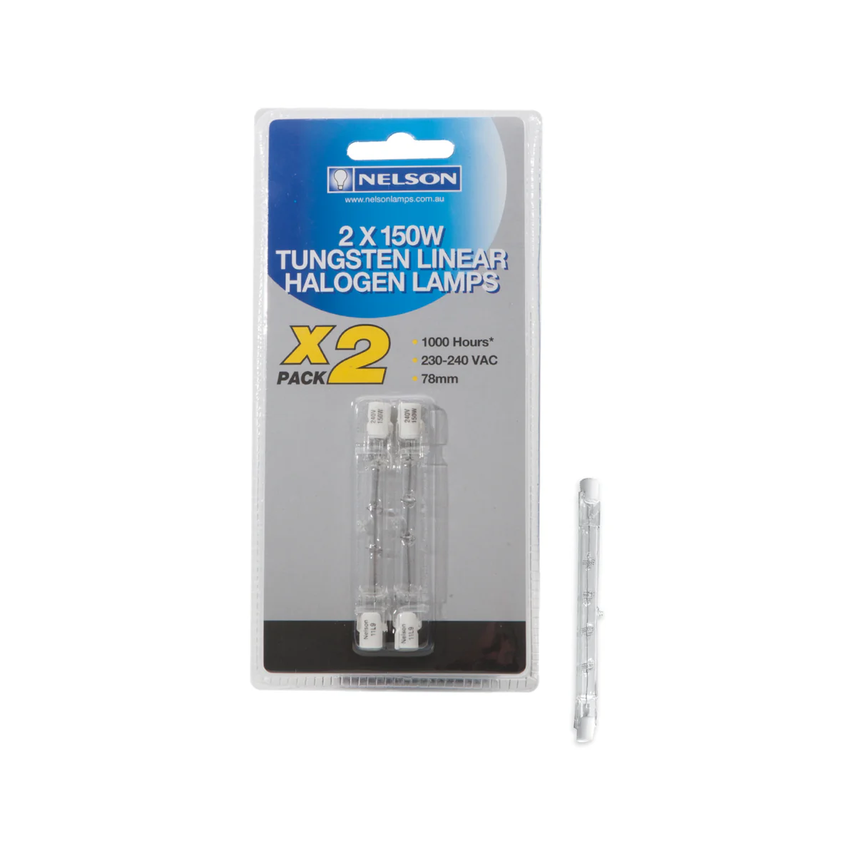 Nelson Tungsten Halogen Globe 2 Pack - 78mm - 150W - R75 Base - 2500 Lumens