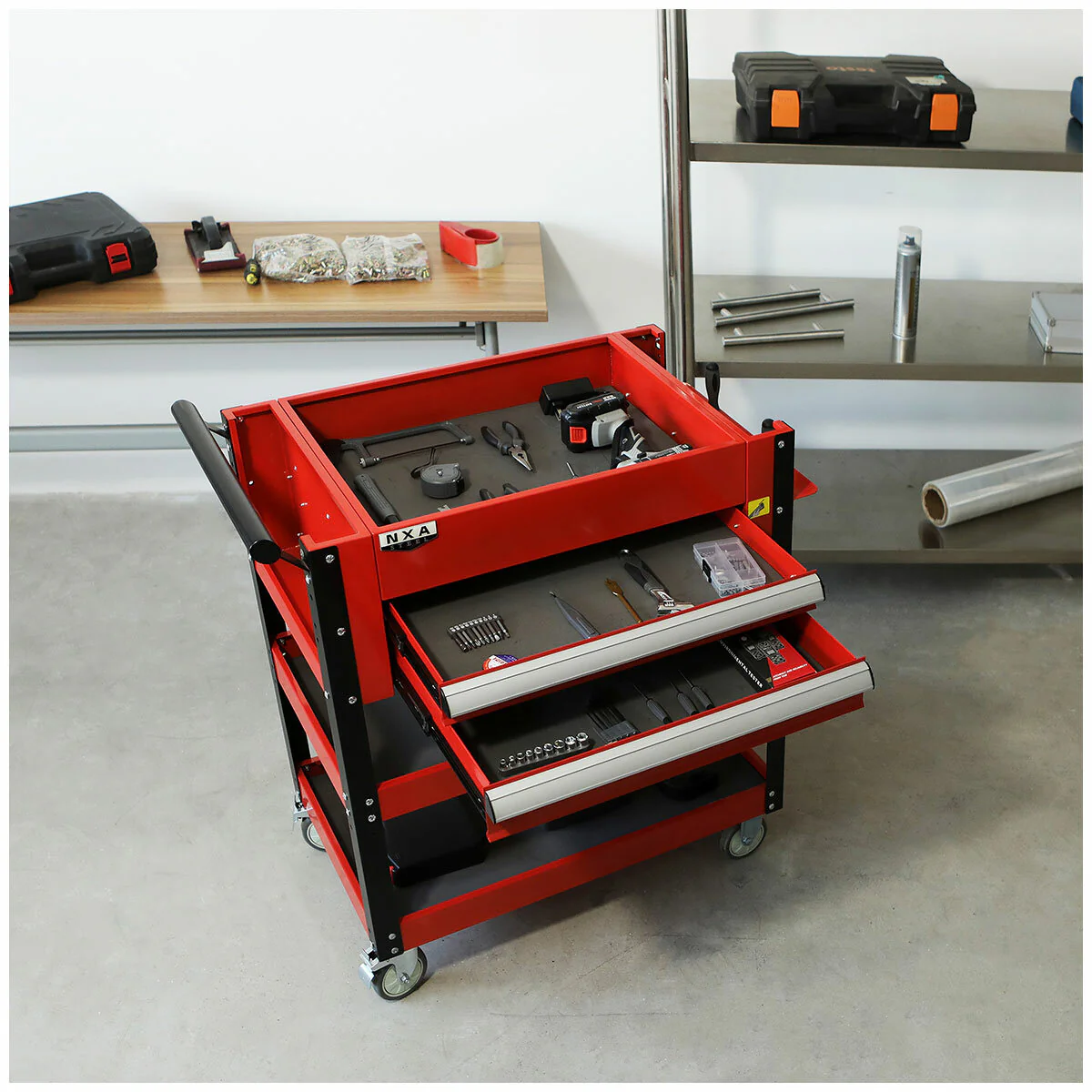 NXA 76cm Red Tool Cart 2 Drawers 3 Trays Steel 30TC2D2TR Portable - Image 6