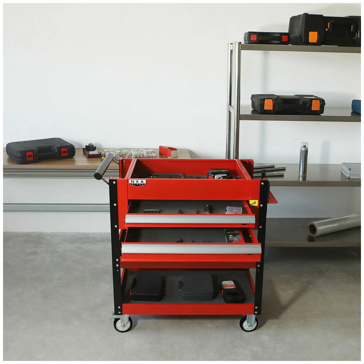 NXA 76cm Red Tool Cart 2 Drawers 3 Trays Steel 30TC2D2TR Portable - Image 7