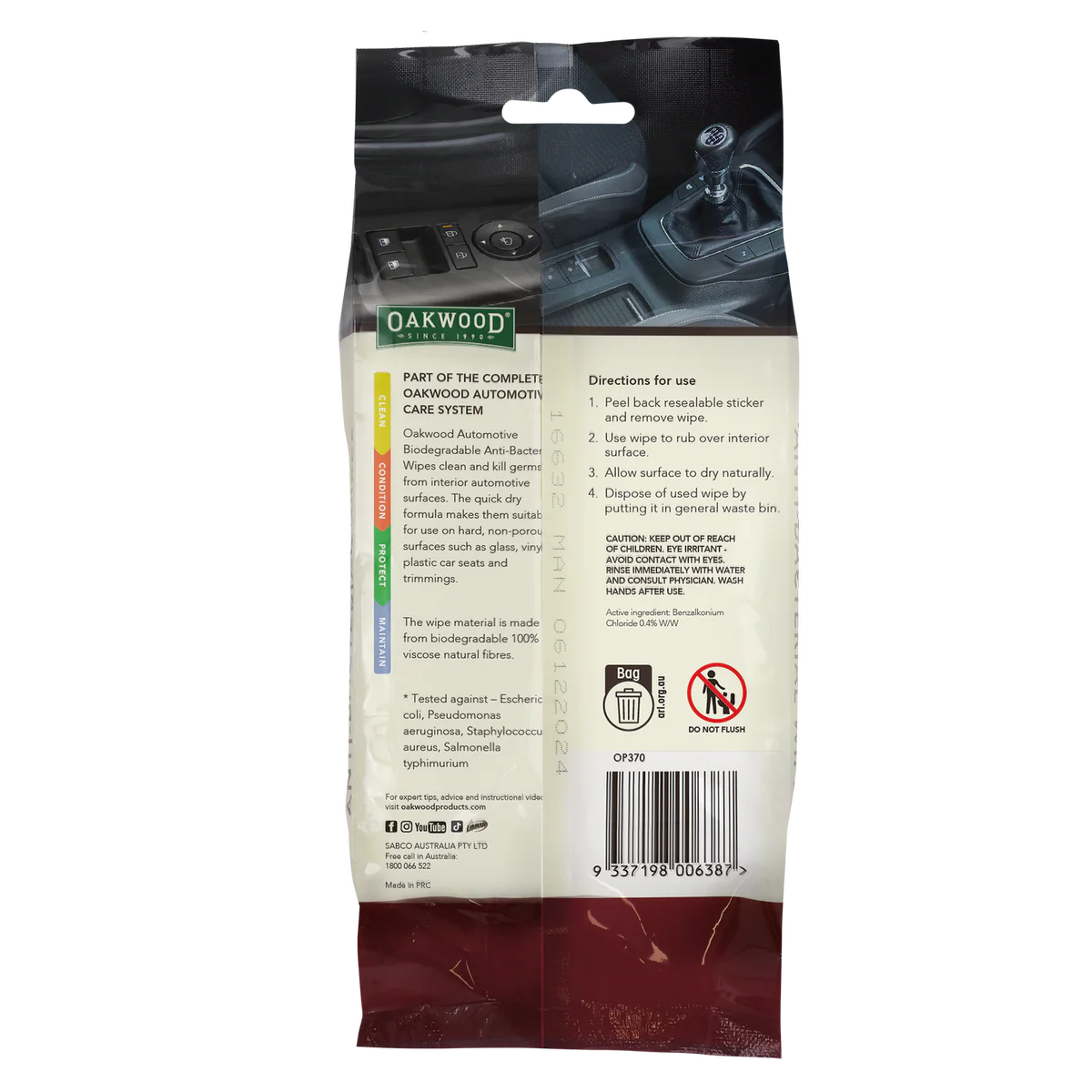 Oakwood Anti Bacterial Wipe - 200 x 150mm - 40 Pack - Biodegradable - Quick-Drying - Image 2