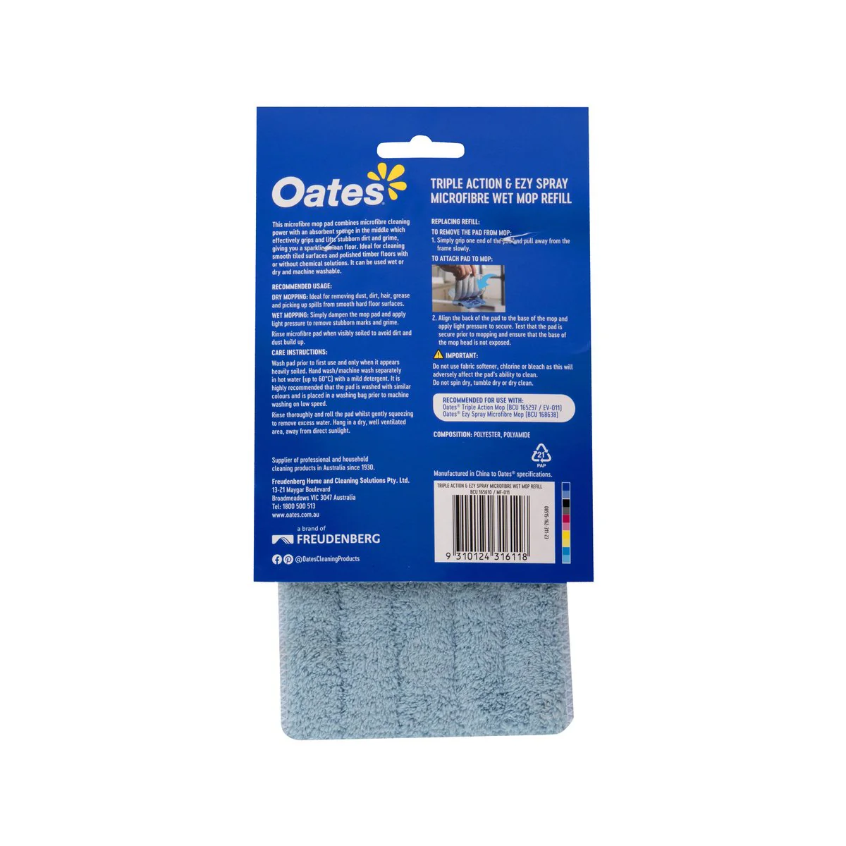 Oates Microfibre Wet Mop Refill - 140mm x 155mm - Microfibre - Machine Washable - Image 2