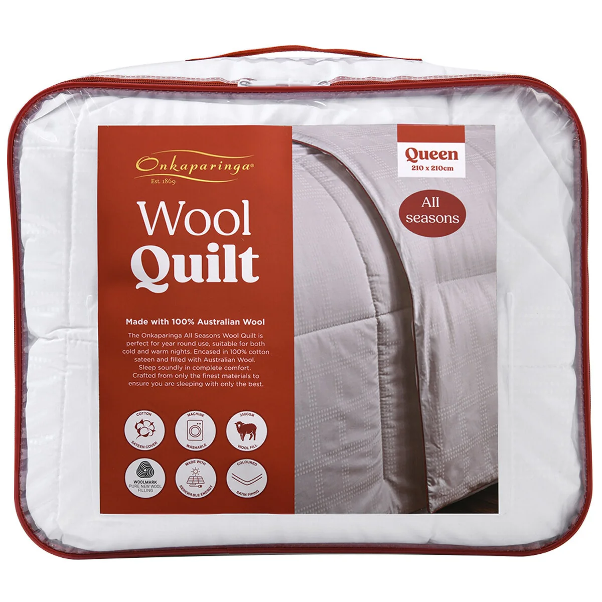 Onkaparinga All Seasons Wool Quilt Queen White 100% Cotton Sateen - Image 4
