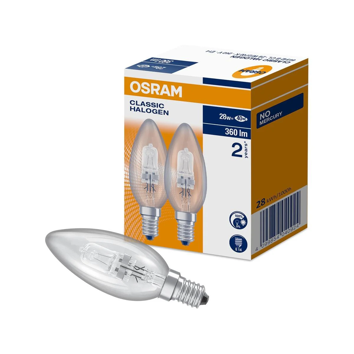 Osram SES Halogen Candle Light Globe 28W 2 Pack - 360lm - Clear