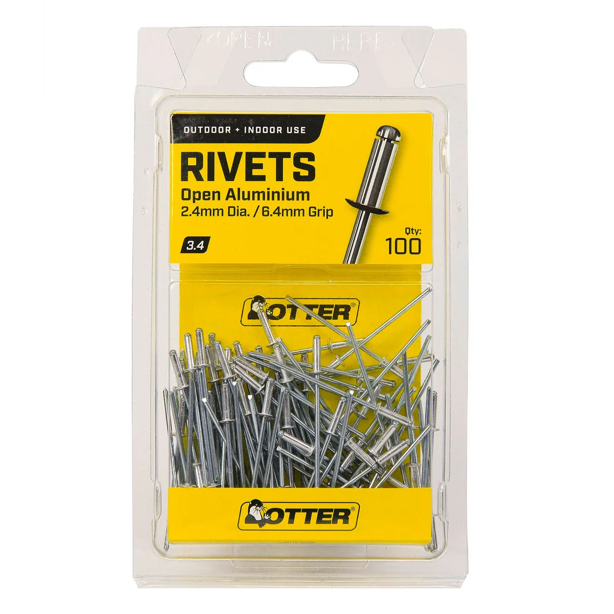 Otter 2 Open Aluminium Blind Rivets - 100 Pack - 4 x 6.4 mm - Lightweight