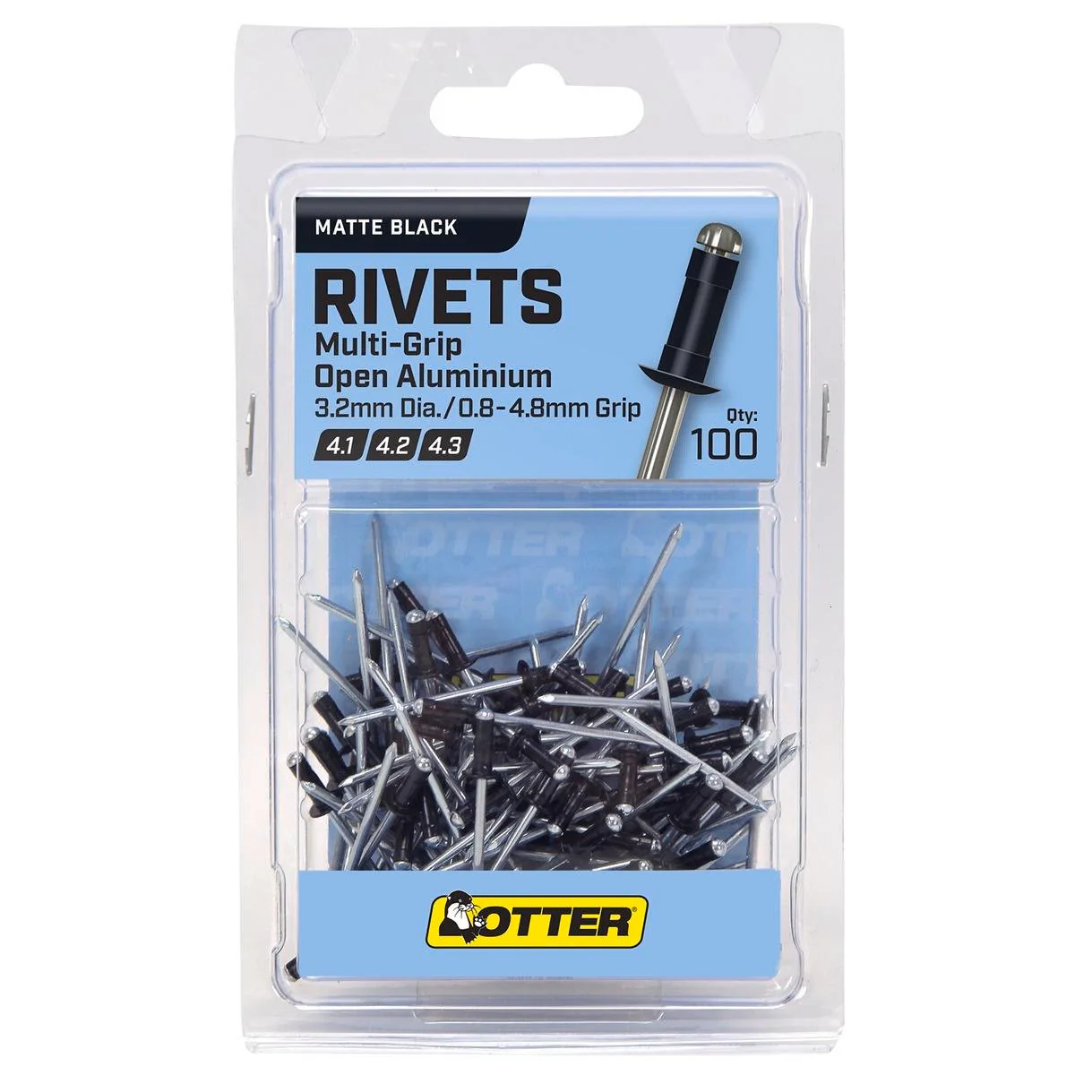 Otter Multi Grip Open Aluminium Blind Rivets 100 Pack 2 x 0.8-4.8mm Matt Black