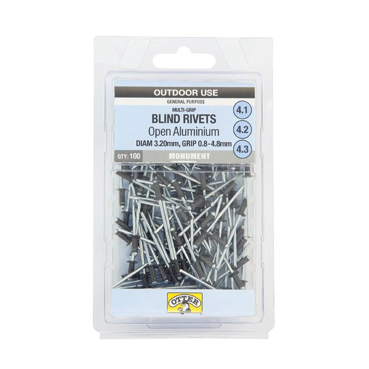 Otter Multi Grip Open Aluminium Blind Rivets 100 Pack - 2 x 0.8-4.8mm - Monument - Strong Vibration Resistance