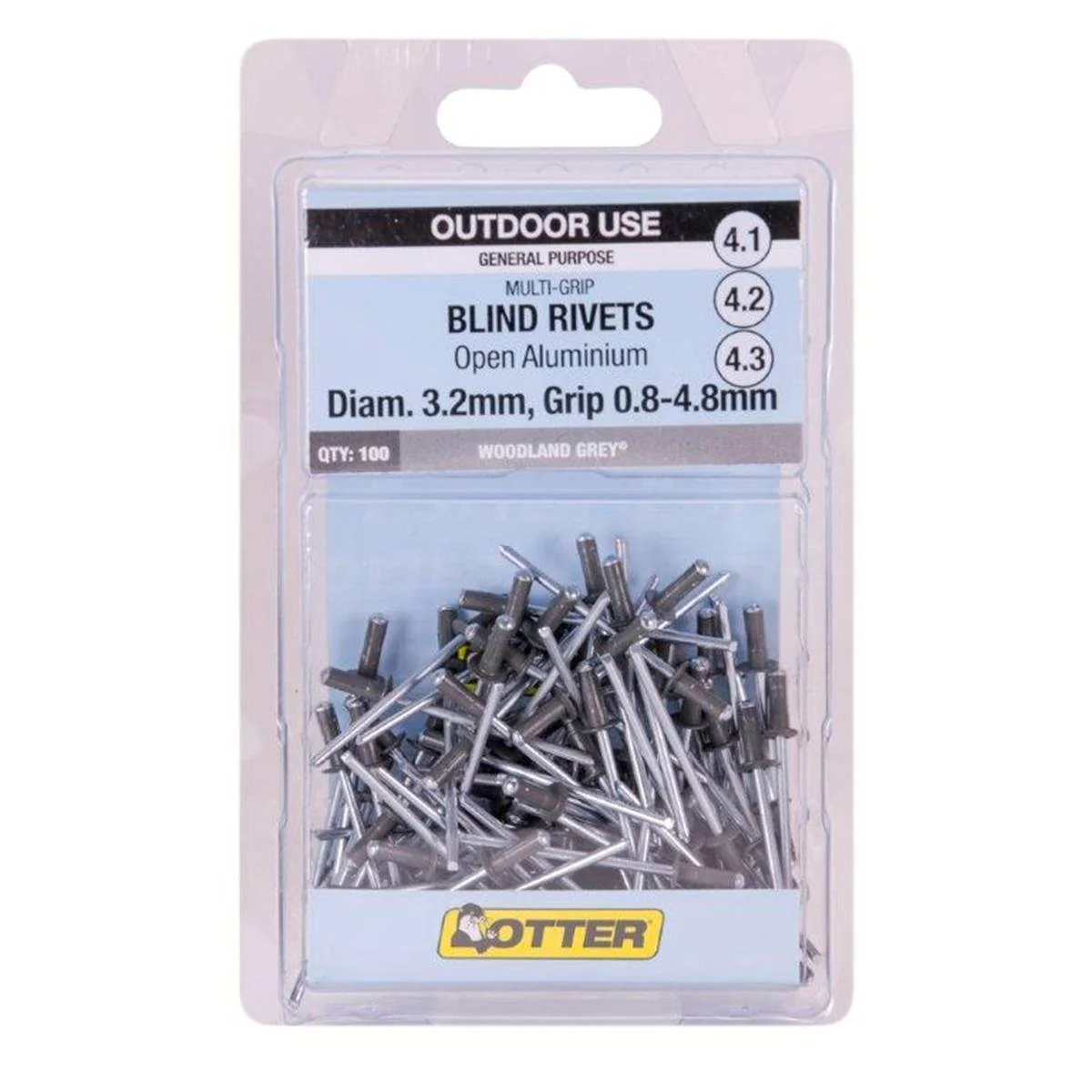 Otter Multi Grip Rivet - 3.2 x 0.8-4.8mm - Aluminium - Woodland Grey - 100 Pack