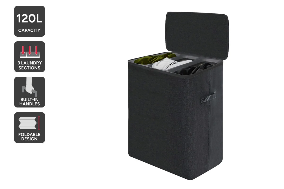 Ovela 120L Dark Grey Laundry Basket with Lid - 3-Section Organizer