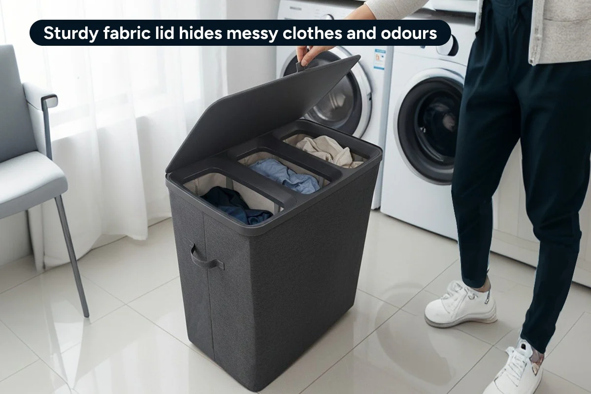 Ovela 120L Dark Grey Laundry Basket with Lid - 3-Section Organizer - Image 9