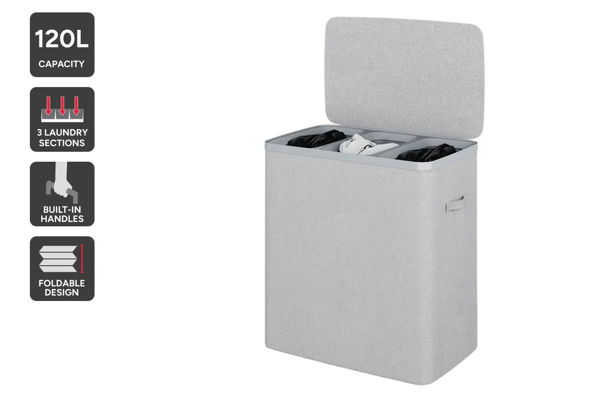 Ovela 120L Light Grey Laundry Basket with 3 Sections & Lid