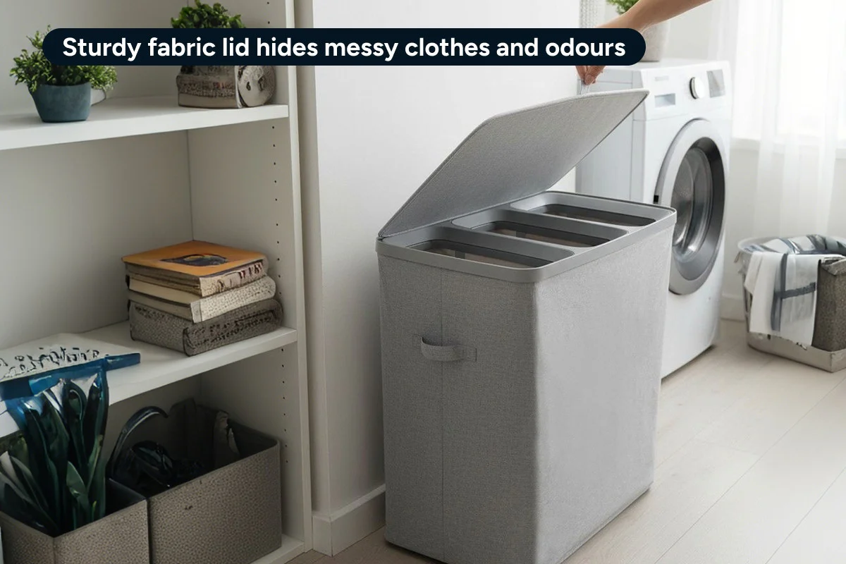 Ovela 120L Light Grey Laundry Basket with 3 Sections & Lid - Image 10