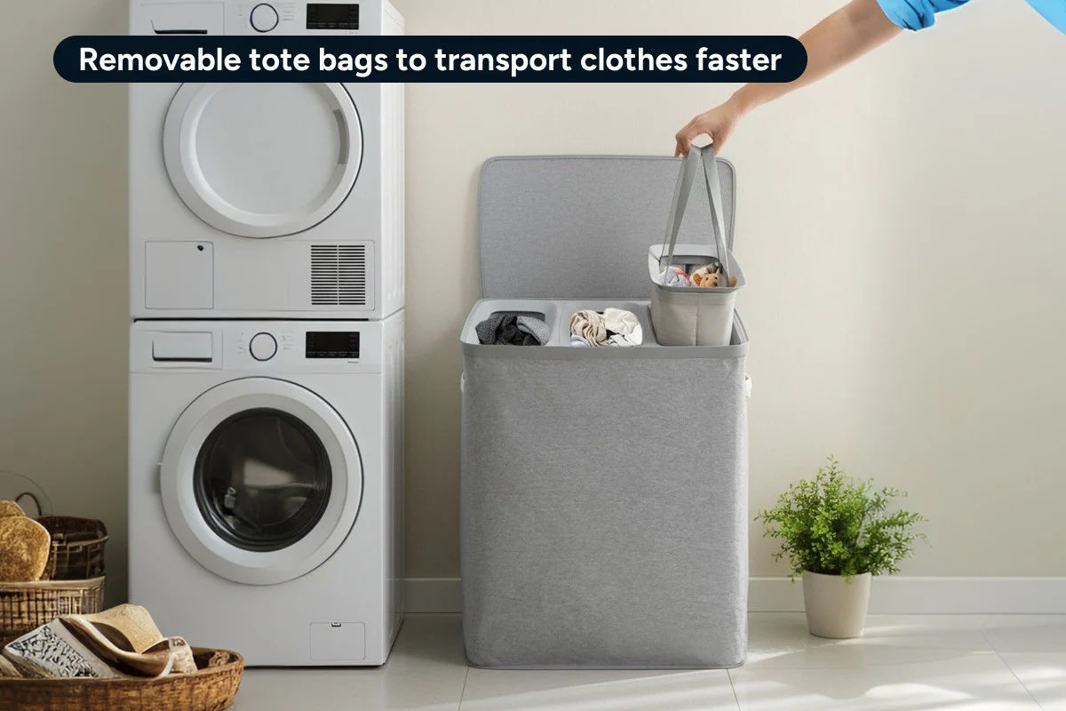 Ovela 120L Light Grey Laundry Basket with 3 Sections & Lid - Image 6