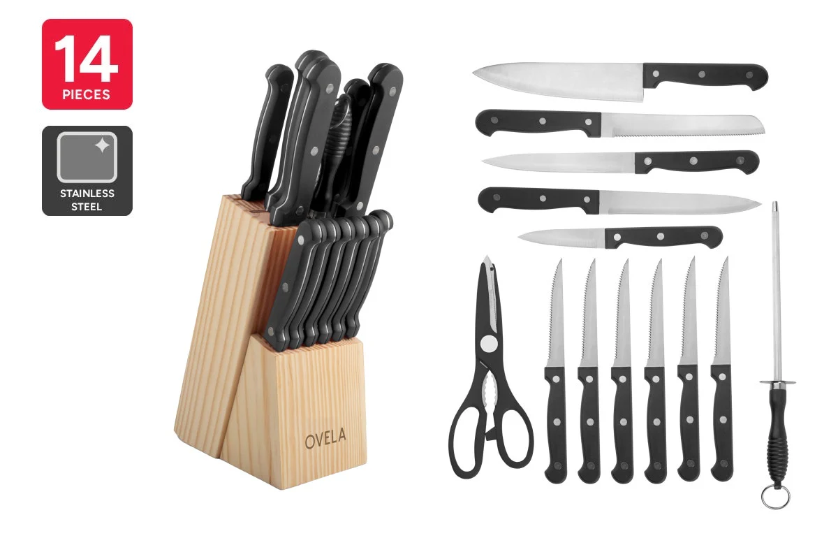 Ovela 14 Piece Knife Block Set Stainless Steel with Wooden Block