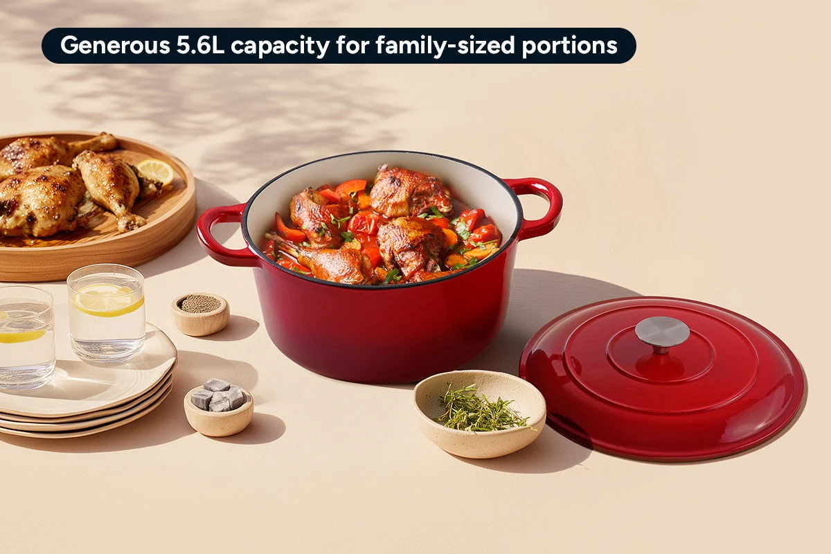 Ovela 5.6L Red Cast Iron Casserole for Hearty Family Meals - Image 3