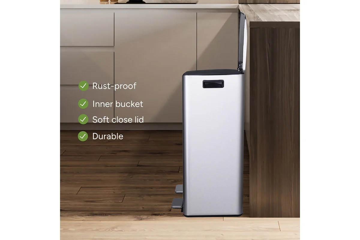 Ovela 60L Dual Compartment Stainless Steel Rubbish Bin - Modern Design - Image 3