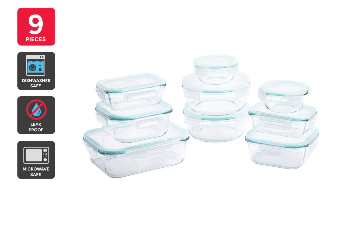 Ovela 9 Piece Glass Container Set Leak Proof Borosilicate