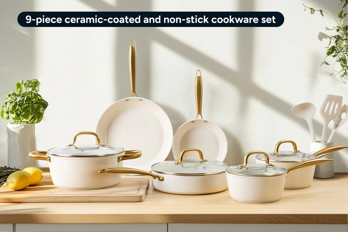 Ovela 9 Piece Non-Stick Ceramic Cookware Set with Silicone Utensils - Image 3