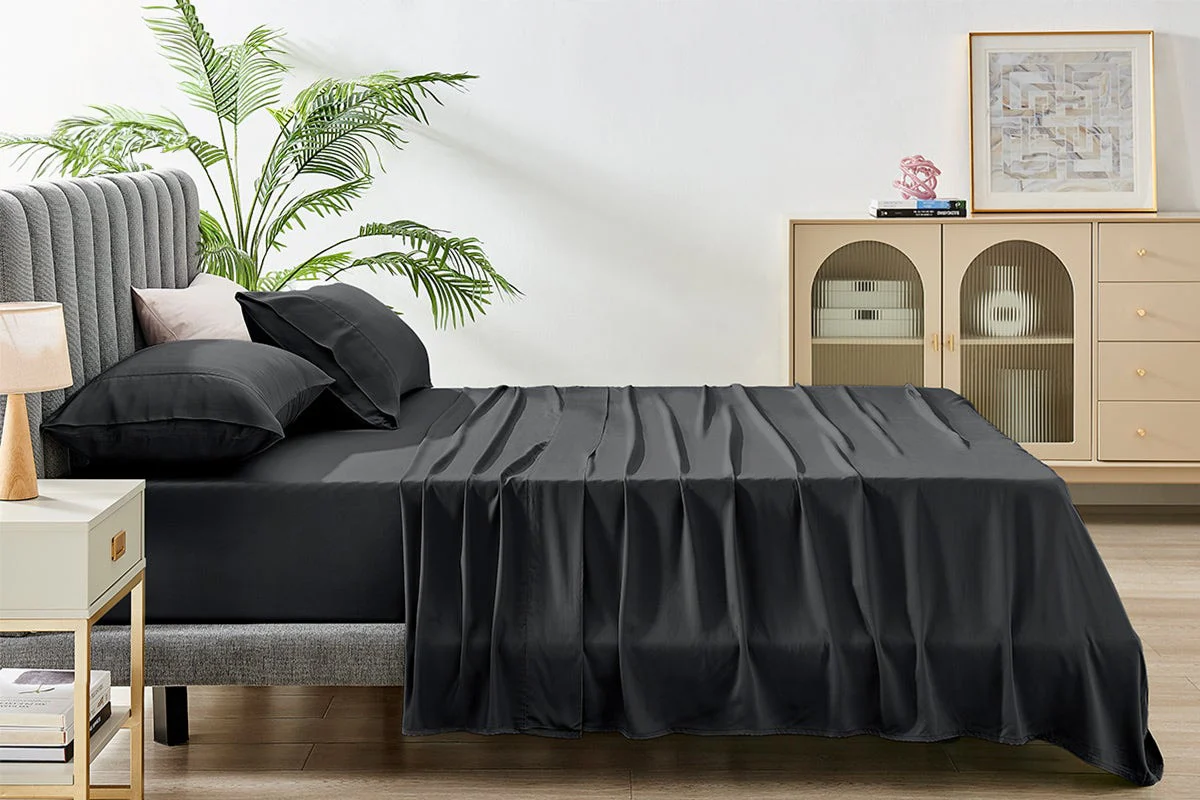 Ovela Bamboo Bed Sheet Set Charcoal King 100% Natural - Image 2