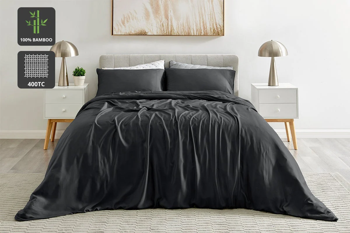 Ovela Bamboo Quilt Cover Set Charcoal Queen 100% Natural