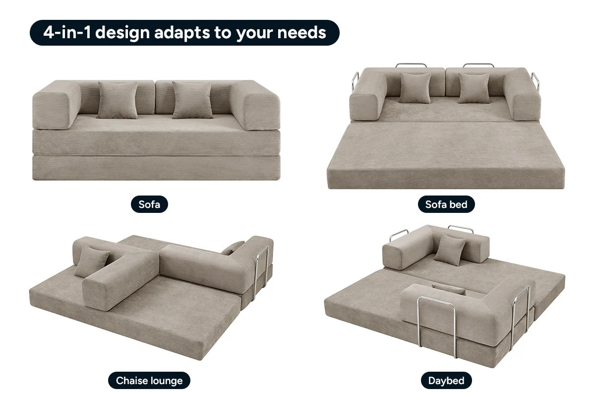 Ovela Mia 3 Seater Corduroy Sofa Bed Sand 4 in 1 Compressed - Image 10