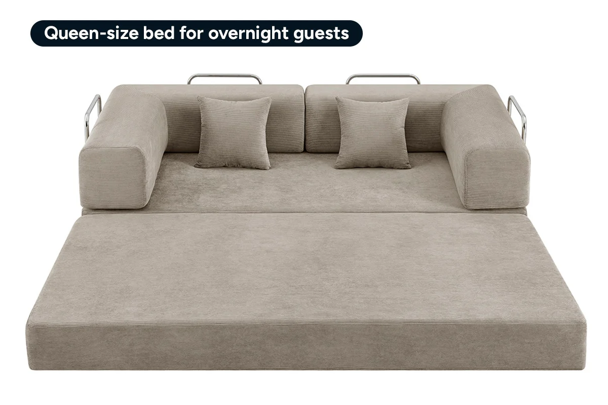 Ovela Mia 3 Seater Corduroy Sofa Bed Sand 4 in 1 Compressed - Image 11