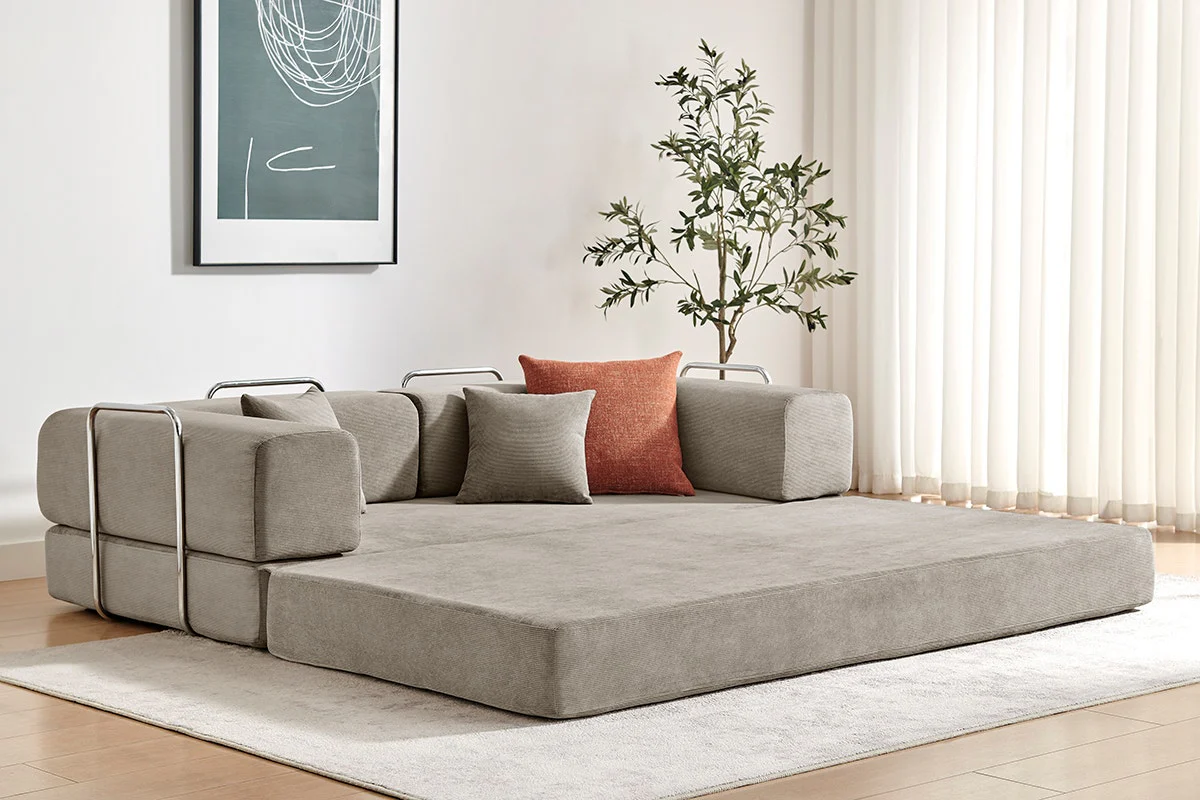 Ovela Mia 3 Seater Corduroy Sofa Bed Sand 4 in 1 Compressed - Image 3