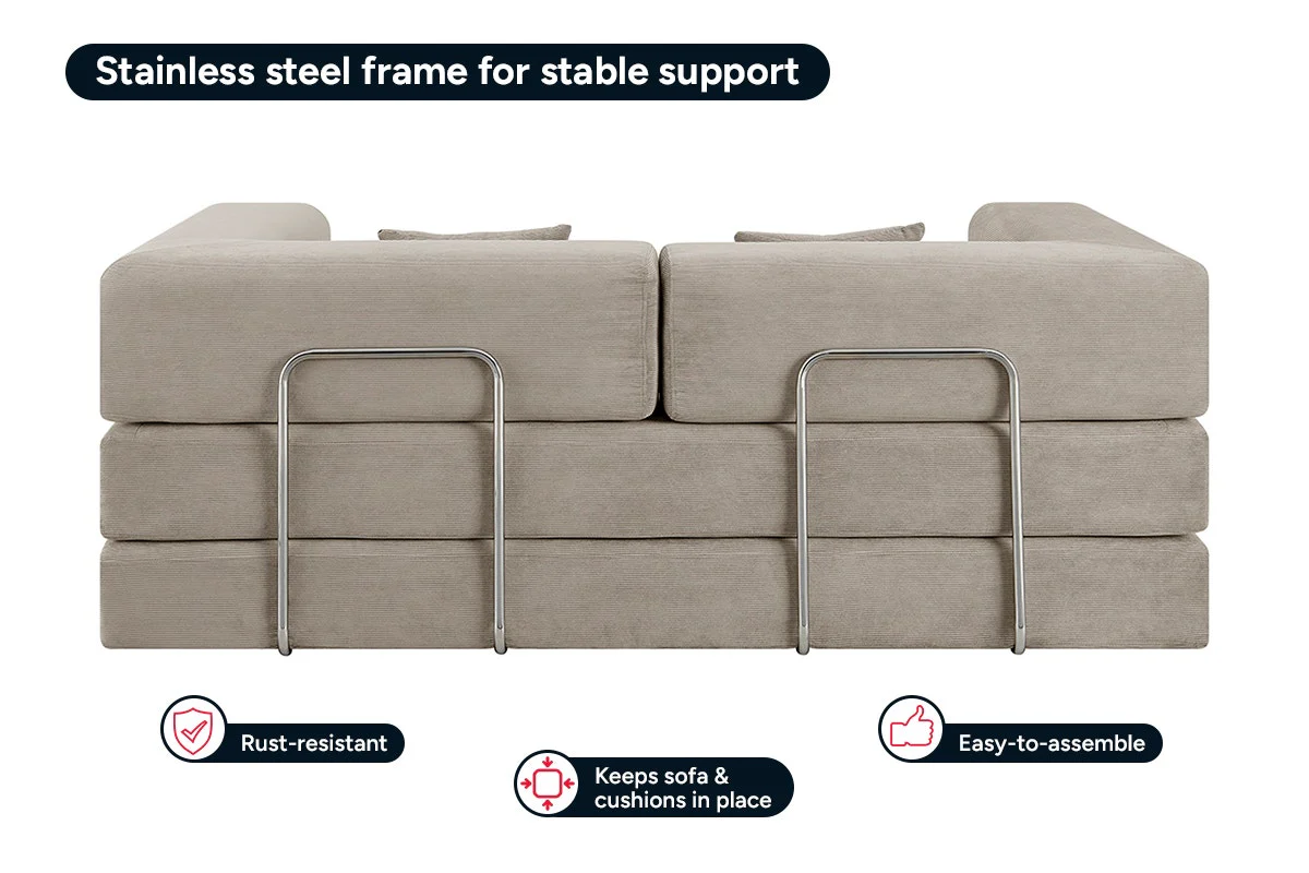 Ovela Mia 3 Seater Corduroy Sofa Bed Sand 4 in 1 Compressed - Image 7