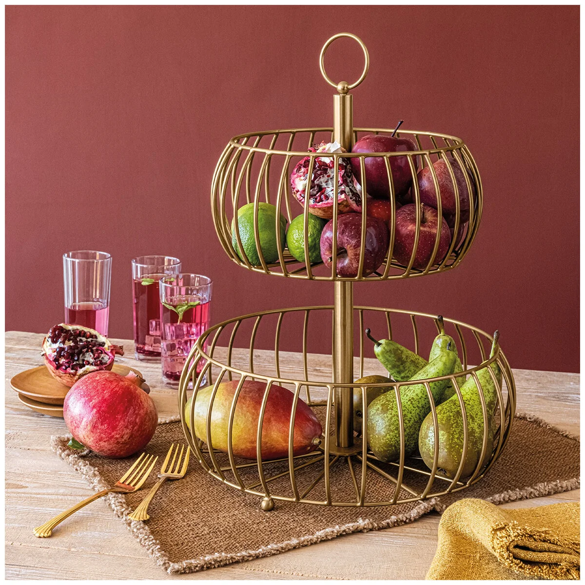 over&back Two-Tier Golden Fruit Basket TS-01-GB Brushed Gold Metal