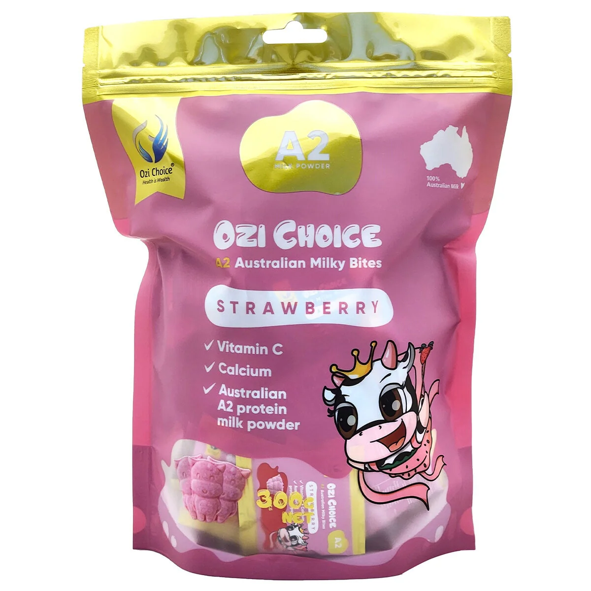 Ozi Choice A2 Milky Bites 300g Strawberry Cow-Shaped Calcium Bites