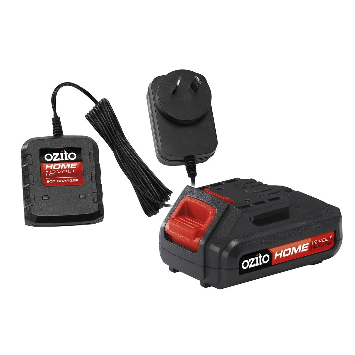Ozito Home 12V Battery and Charger - 1.5Ah Li-ion - Black Red - ZLCGB-315