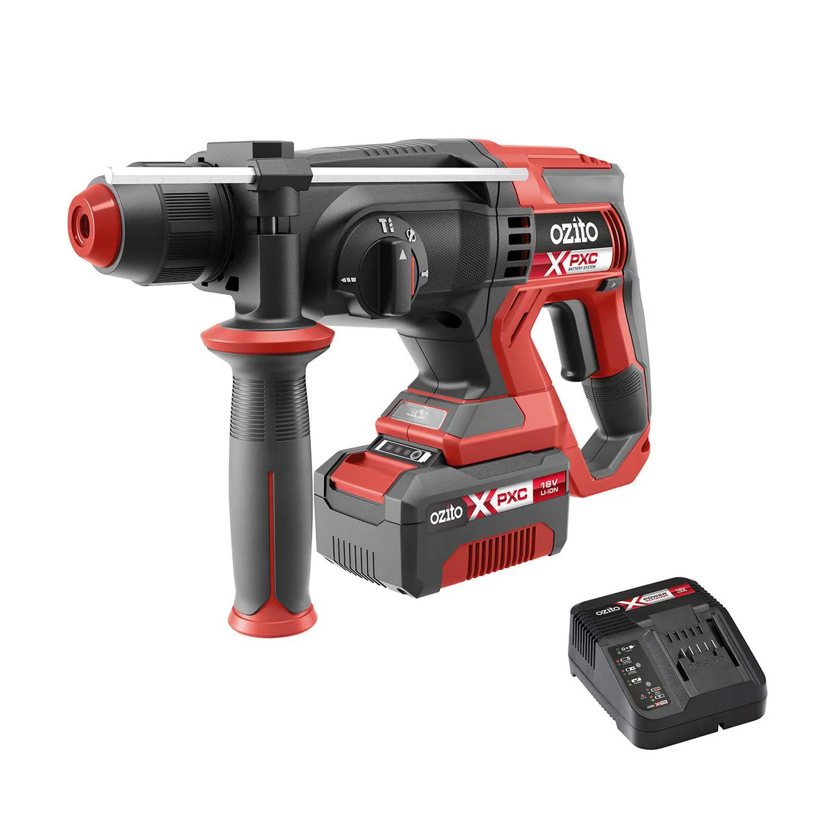 Ozito PXC 18V Rotary Hammer Drill Kit PRHK 1840 - 1.8J Impact Power - 4-Mode Selector - Includes 4.0Ah Battery