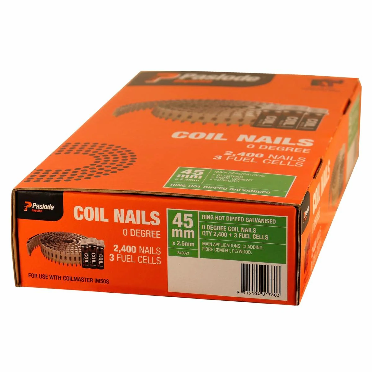 Paslode 45mm x 2.5mm Impulse Hot Dip Galvanised Ring Shank Coil Nails - 2400 Box