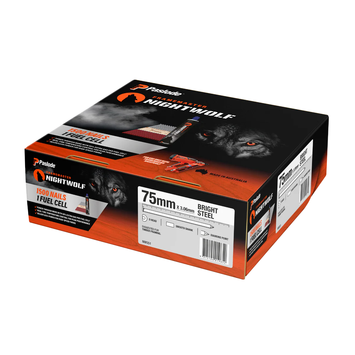 Paslode Nightwolf D Head Smooth Nail 1500 Pack - 75 x 3.06mm - Bright Steel - Reduced Jams
